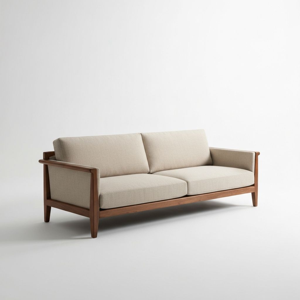 Hawi minimalist sofa with walnut frame and linen upholstery