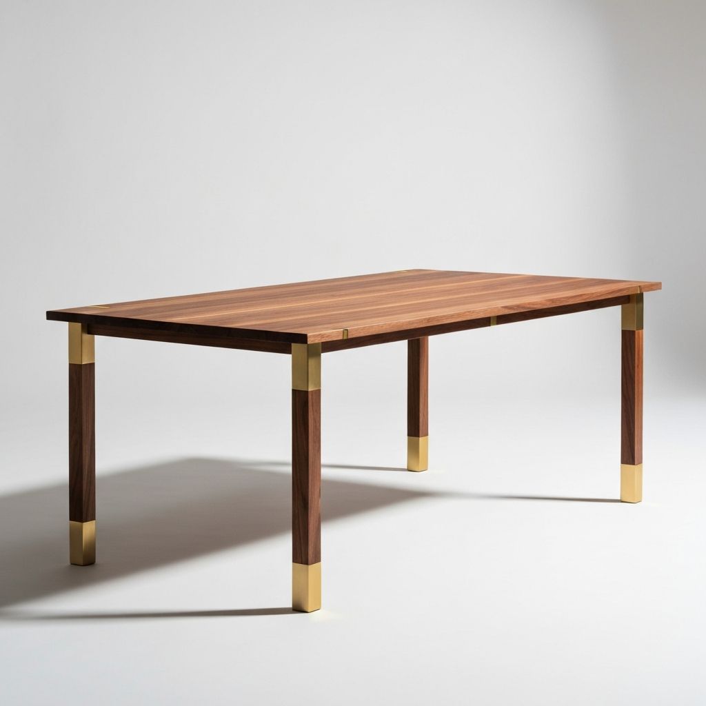Hawi walnut dining table with brass accents